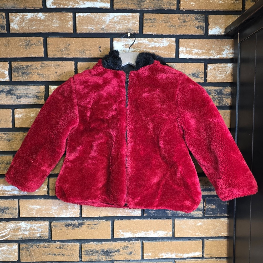 Vintage Casual Time Girls Size 4 Red Faux Fur Jacket Made In USA Christmas Party